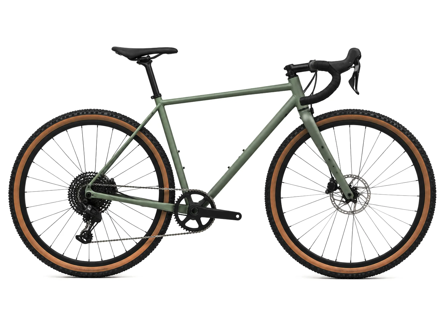 Bicicleta gravel Tramo de acero verde salvia, vista de perfil.