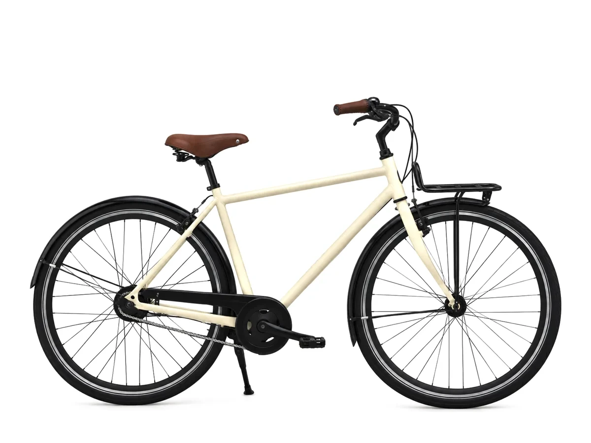 Recado, bicicleta de ciudad color marfil con portabultos delantero.