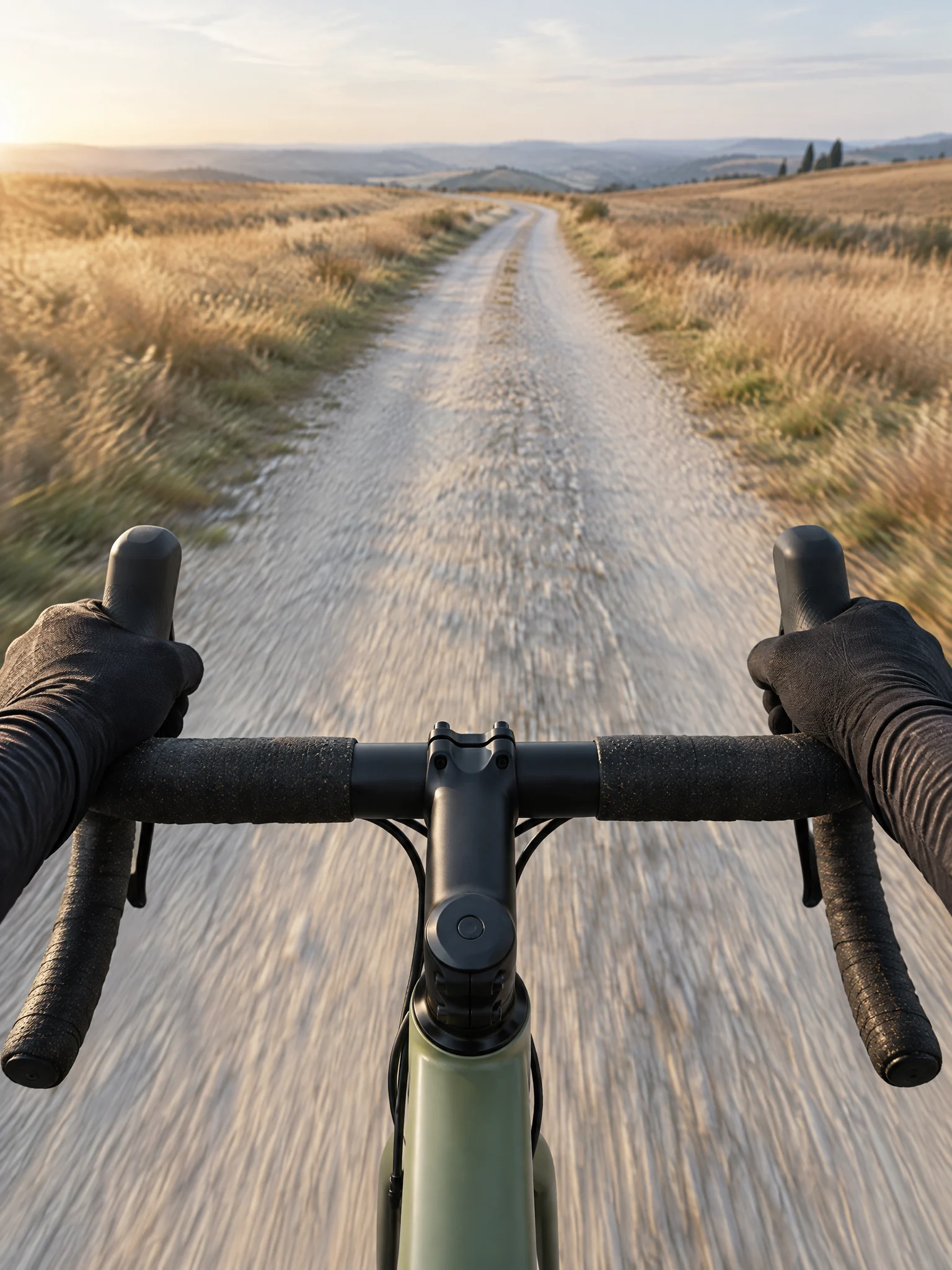 Punto de vista del ciclista: manos con guantes en lo alto del manillar de la Tramo y una pista de grava que se pierde entre campos dorados, con el sol bajo.