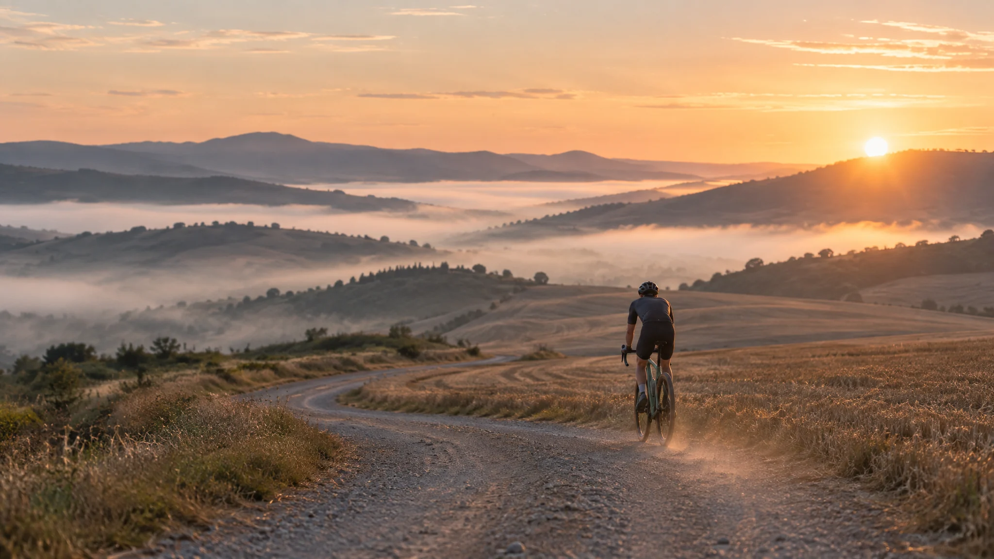 Un ciclista con la Tramo por una pista de grava al amanecer, con niebla en los valles y el sol saliendo detrás de las lomas.